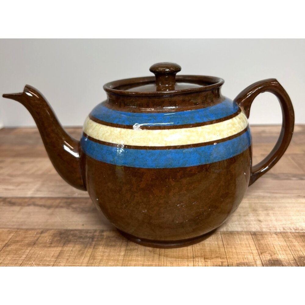 Sadler Made In England Brown Ceramic Teapot With Blue & Beige Stripes Vintage
